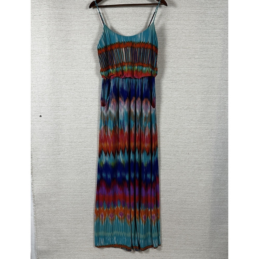 BISOU BISOU Maxi Dress Size 12 Boho Colorful Ikat Print Sleeveless Summer Beach